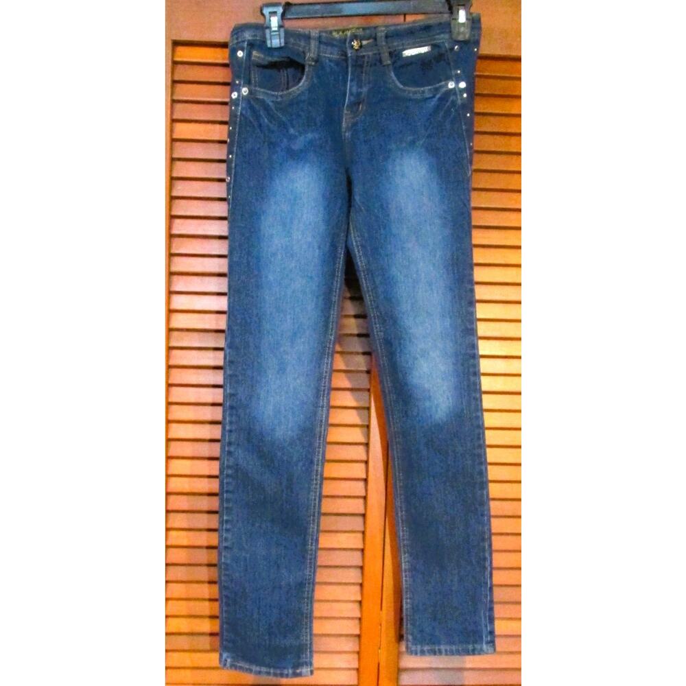 Rocawear Girls Jeans Size 14 Y2K Style Blue Denim Gold Rhinestones Straight Leg